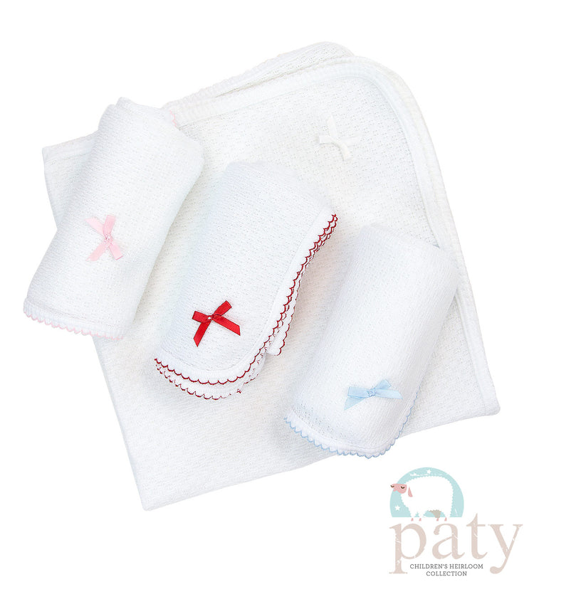 Receiving Blanket w/Bow - White/ Pink Trim