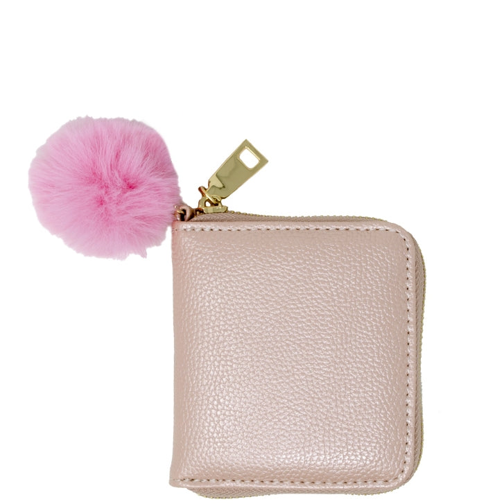 Leather Pom Pom Wallet - Pink