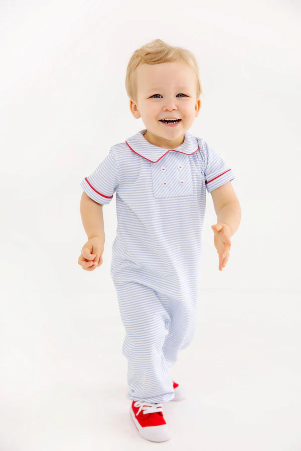 Benny Button Romper Blue Stripe
