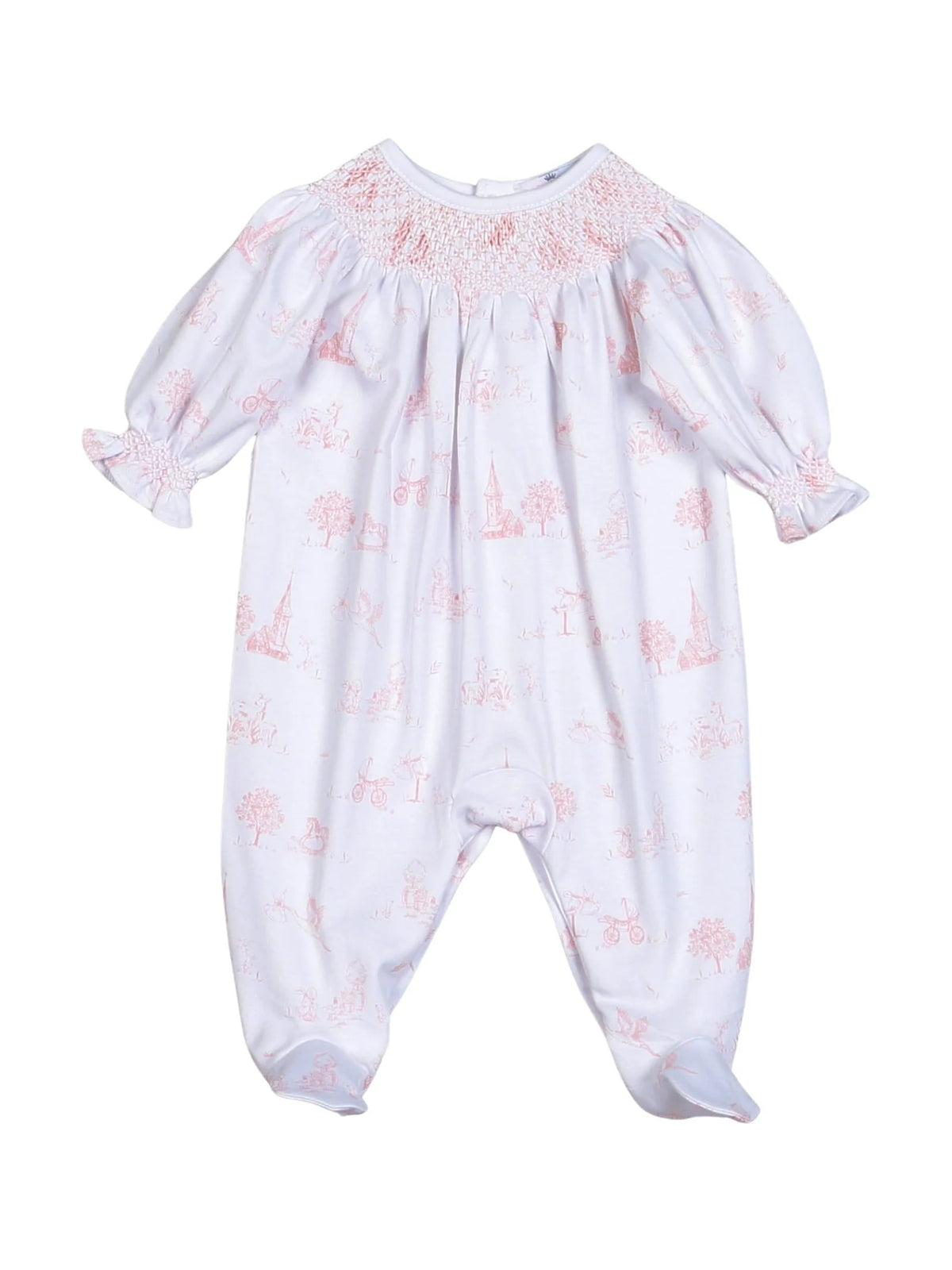 Pink Toile Pima Hand Smocked Footie