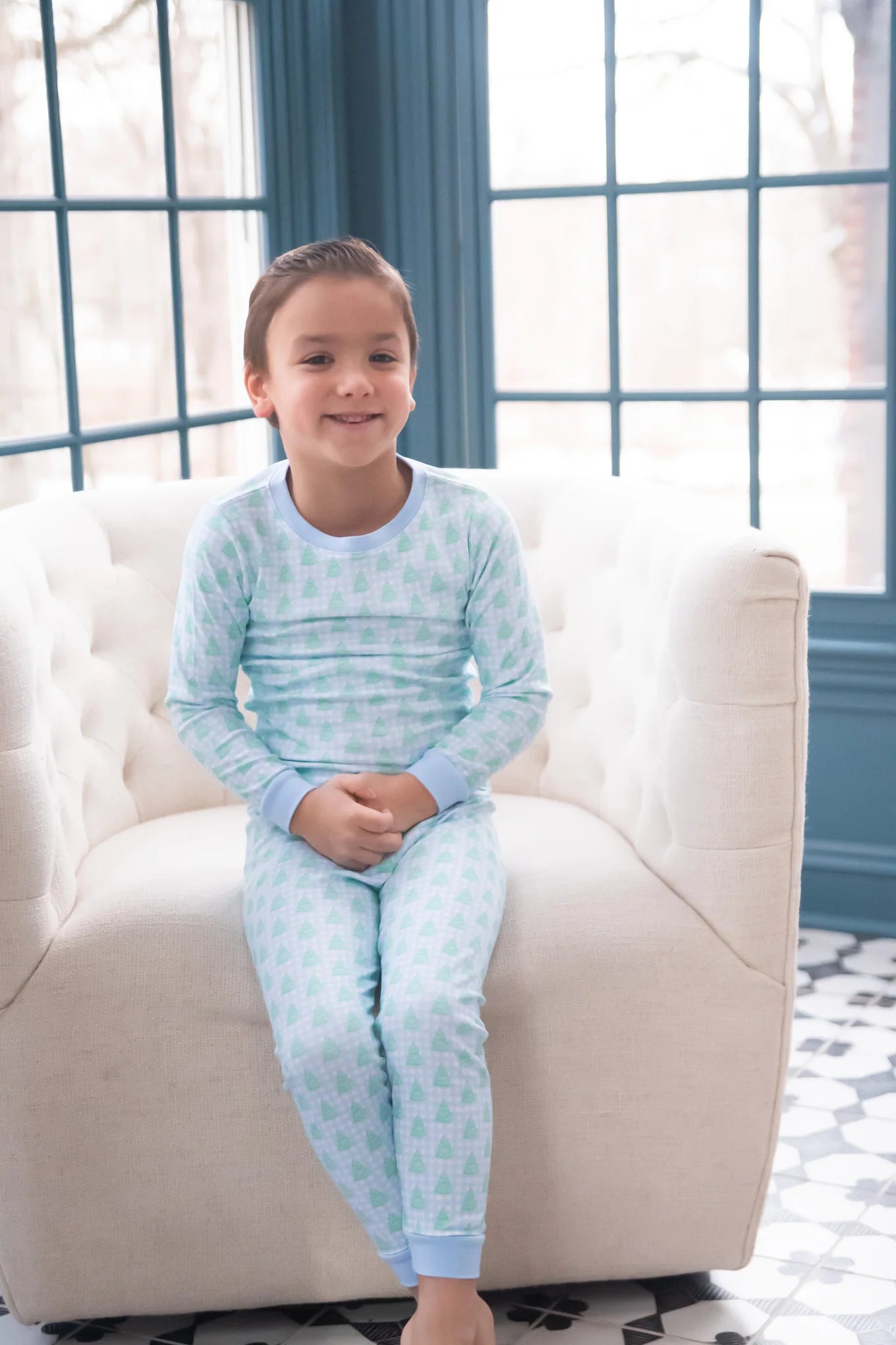 Two Piece Jammies, Blue Gingham Christmas Tree Lounge