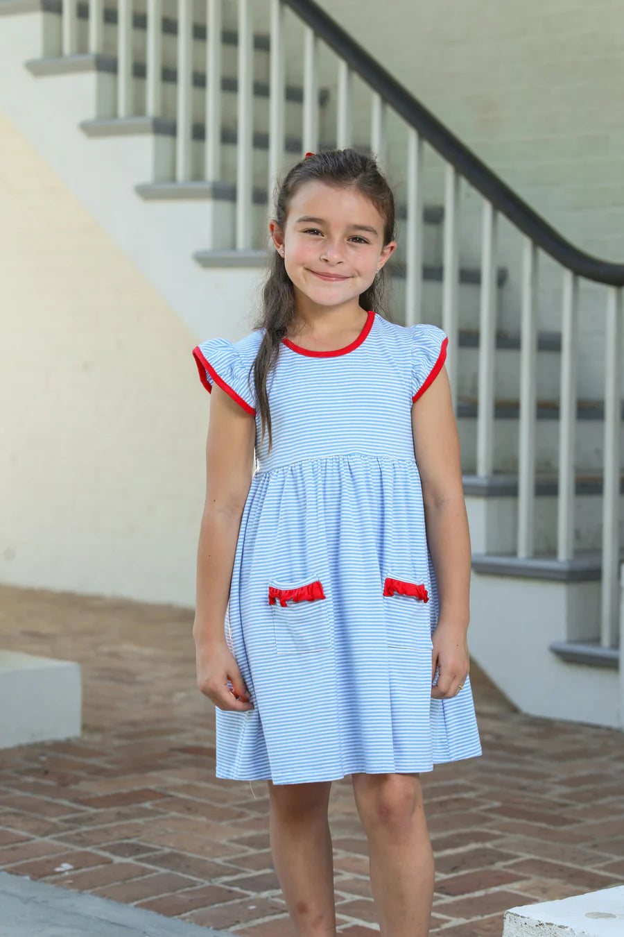 Lucy Dress- Cornflower Stripe/Red