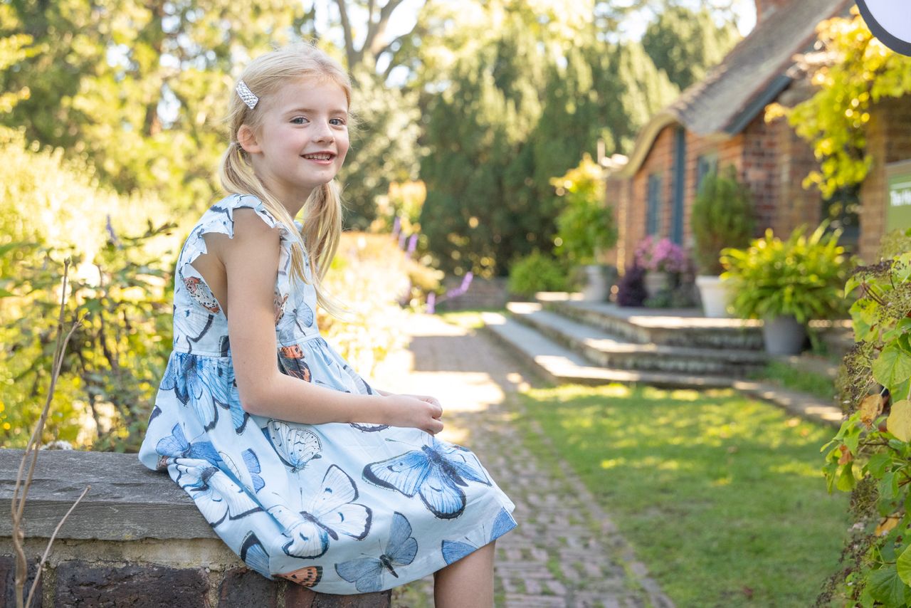 Girls Elsie Dress- Blue Vintage Butterfly