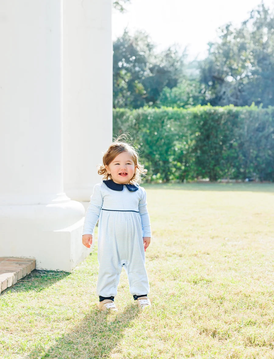 Gabriel Romper- Light Blue Stripe/Navy