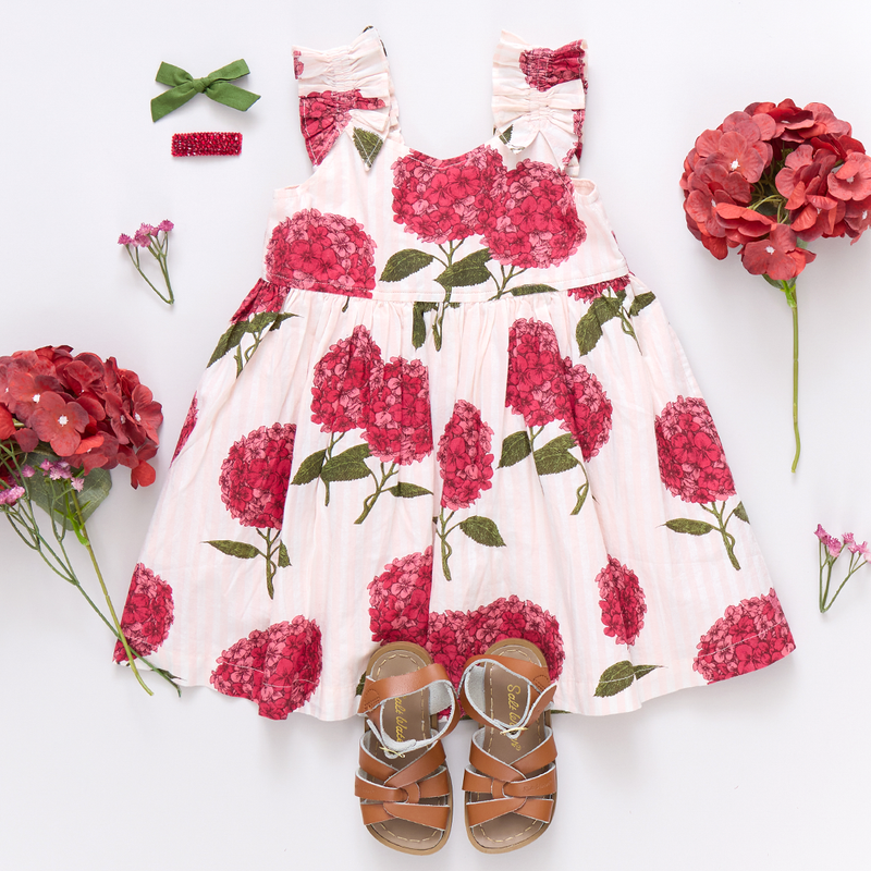 Girls Via Dress - Pink Stripe Hydrangeas