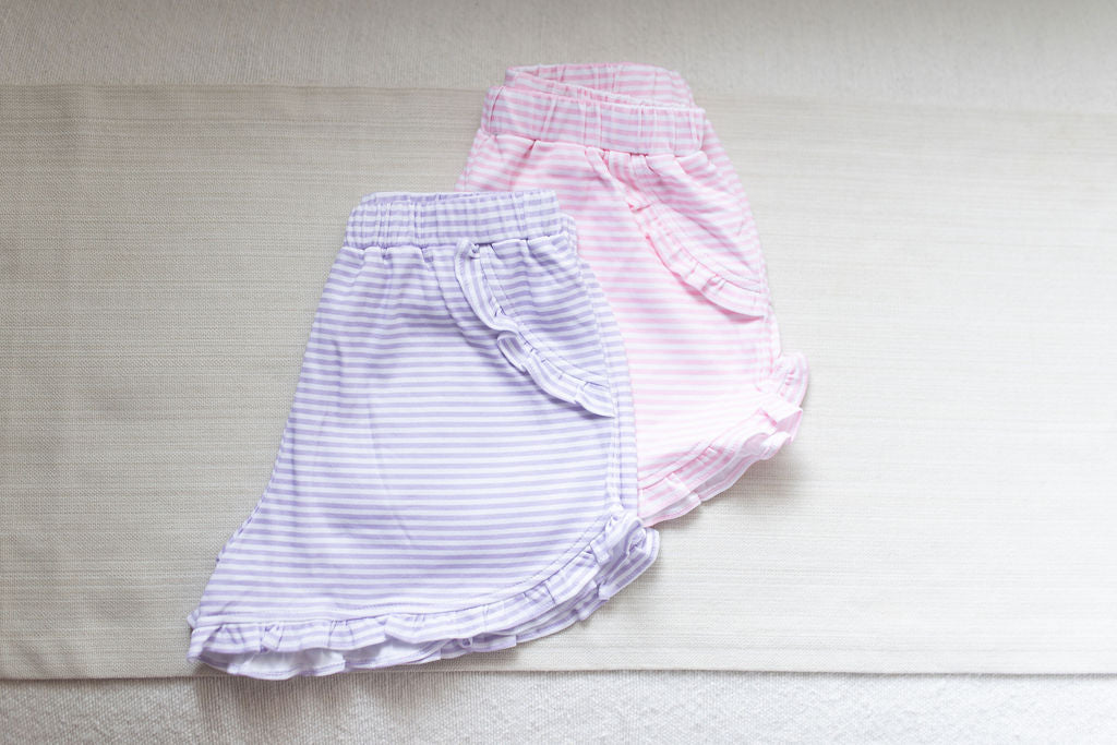 Kinley Ruffled Knit Pima Shorts - Pink Stripe
