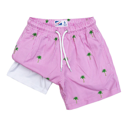 Pink Palm Stripes Swim Shorts
