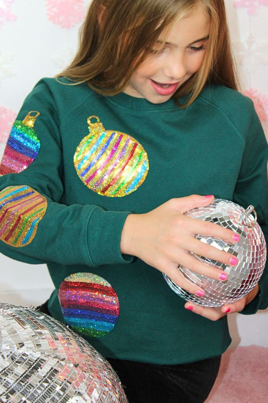 Girls Sequin Christmas Ornaments Crop L/S Top