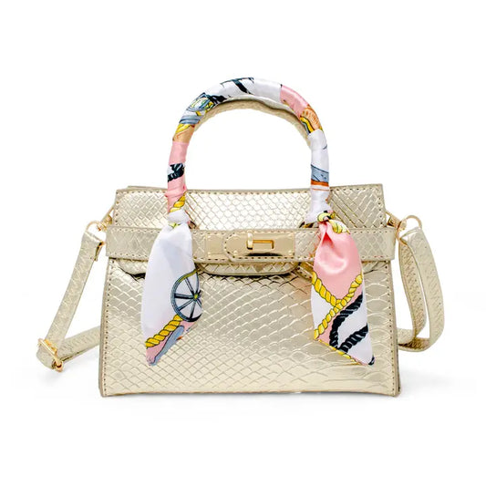 Patent Crocodile Scarf Handbag - Gold