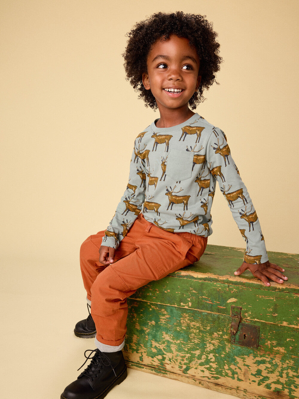 Long Sleeve Printed Pocket Tee - Painted Deer