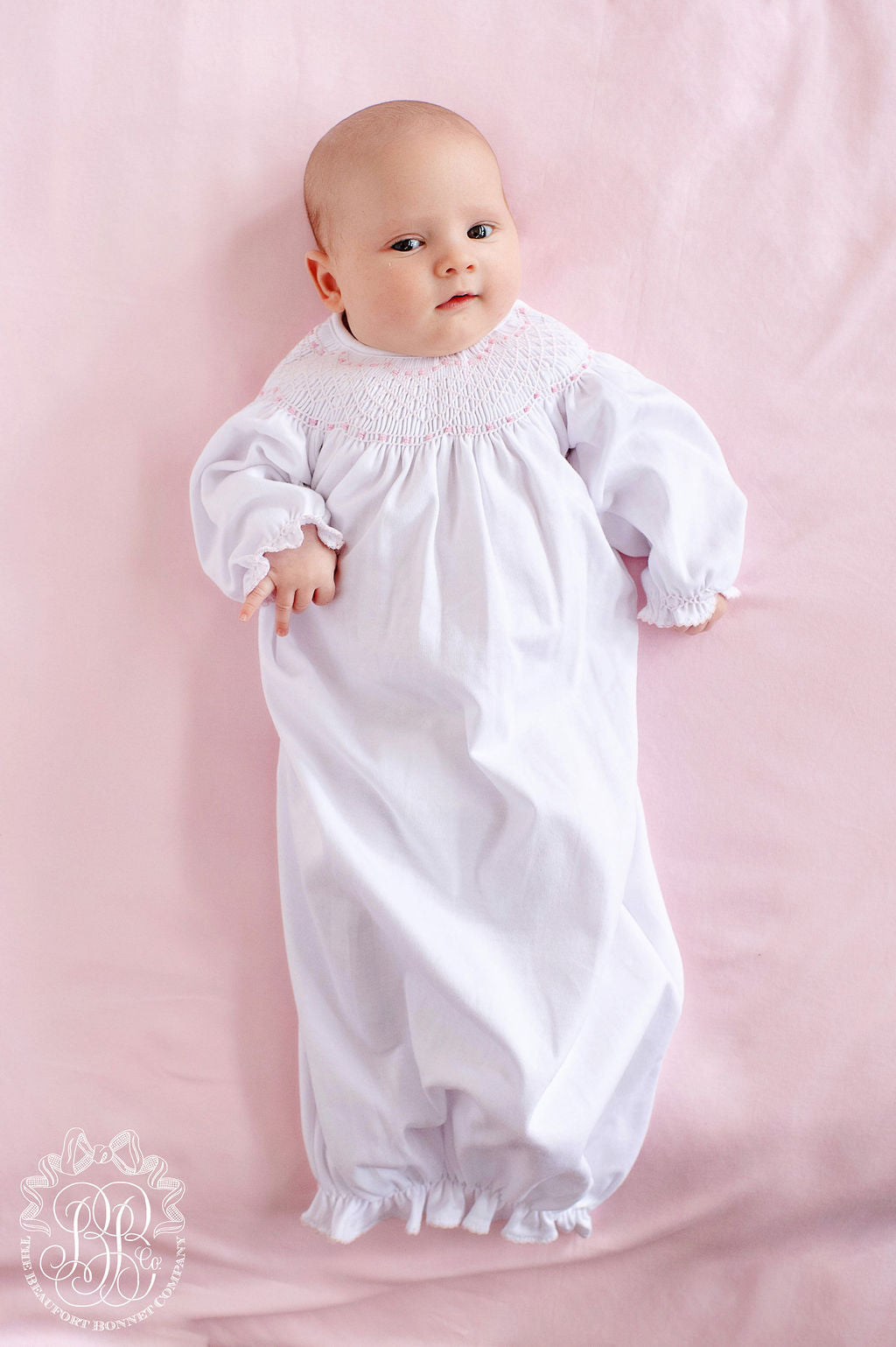 Sweetly Smocked Greeting Gown - White/Pink