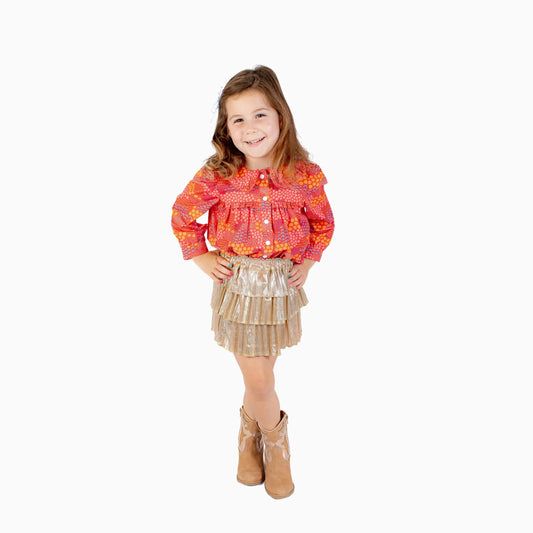 Ruffle Trim Blouse In Red Floral