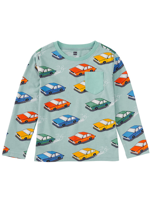 Long Sleeve Printed Pocket Tee- Vintage Cars