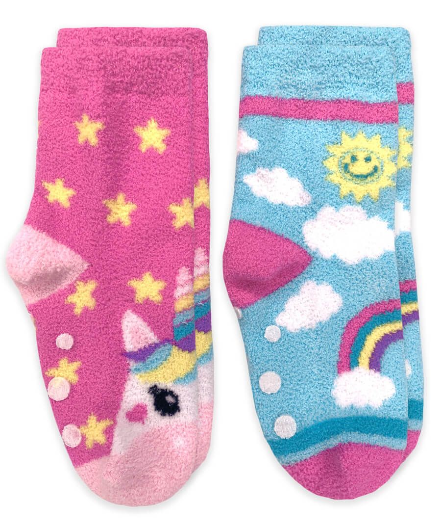 Unicorn & Rainbow Fuzzy Non-Skid Slipper Socks 2 Pair Pack