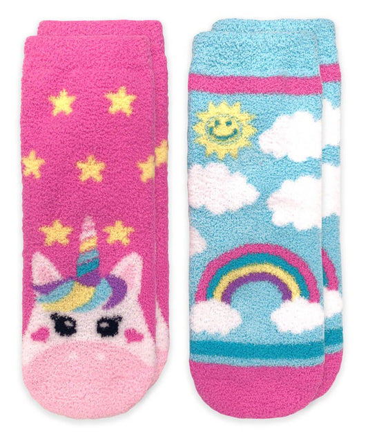 Unicorn & Rainbow Fuzzy Non-Skid Slipper Socks 2 Pair Pack