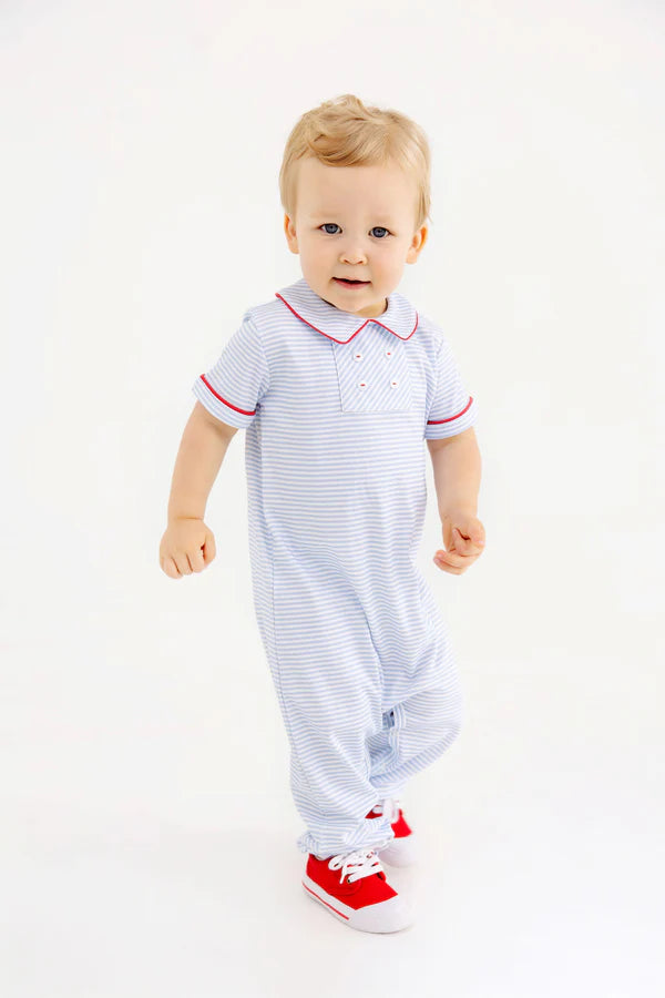 Benny Button Romper Blue Stripe