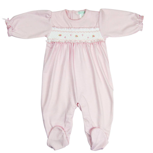 Baby Girl Pink Hand Smocked Rosebud Footie