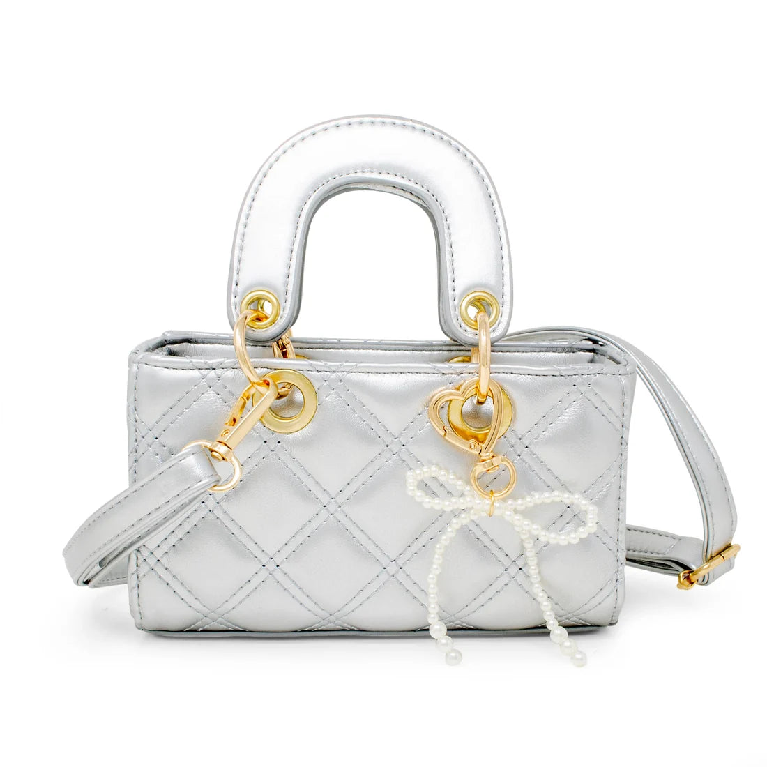 Quilted Rectangle Bow Charm Handbag- Silver