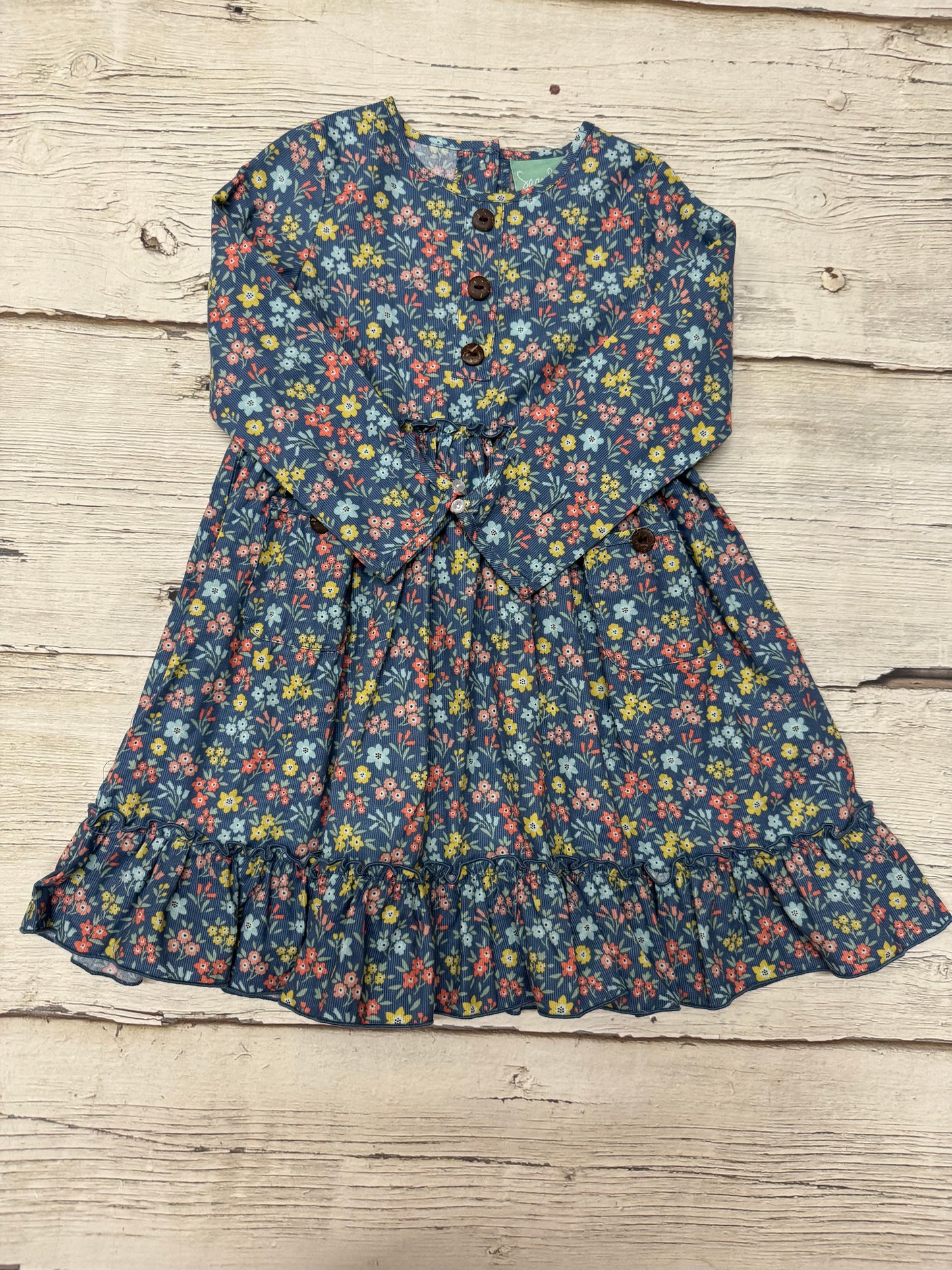 Blue Floral Cord Button Pocket Dress