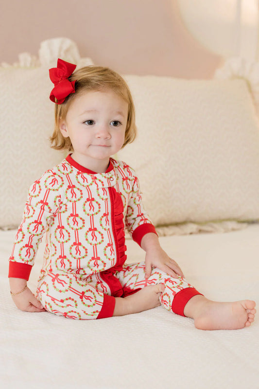One Piece Zip Up Jammies, Red Christmas Wreath Lounge