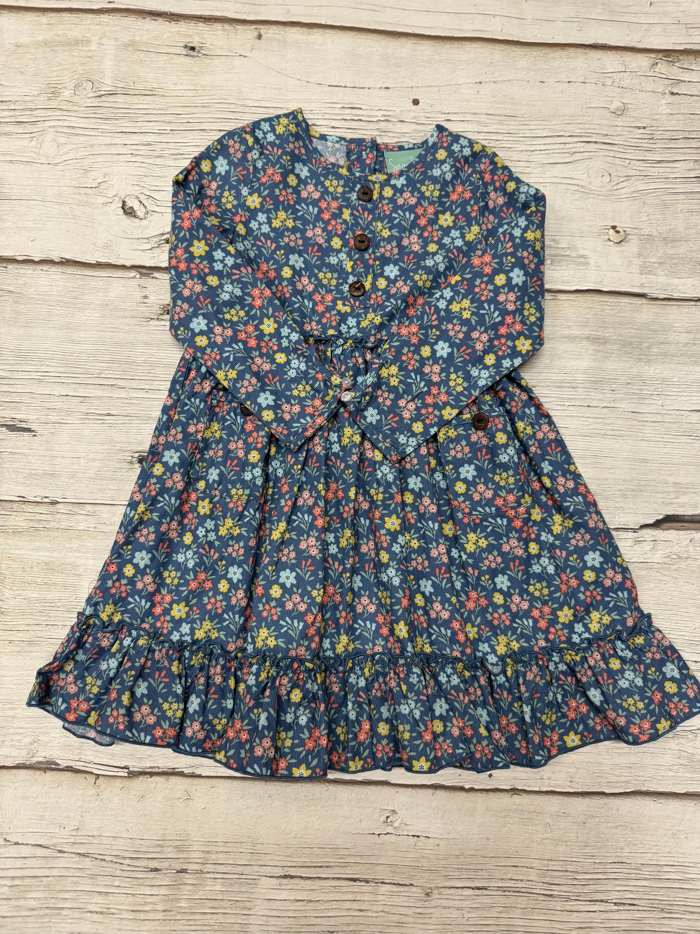 Blue Floral Cord Button Pocket Dress