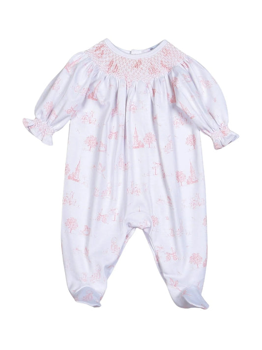 Pink Toile Pima Hand Smocked Footie