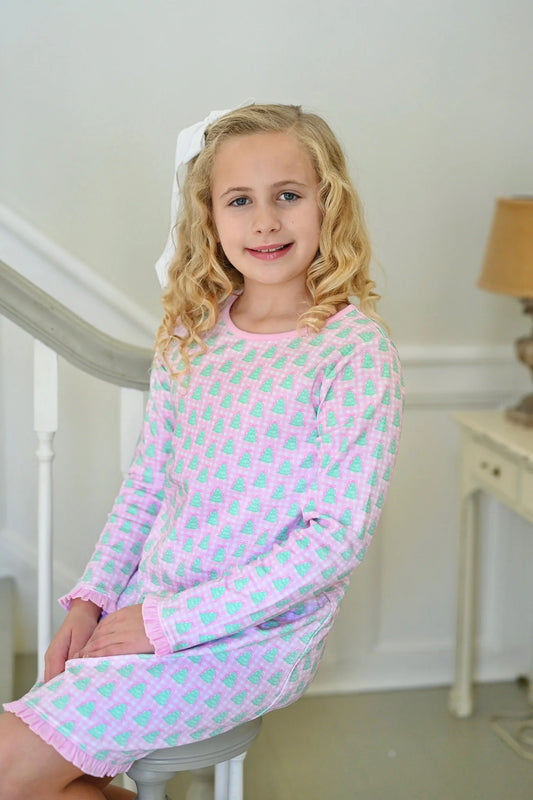 Girls Lounge Dress, Pink Gingham Christmas Tree
