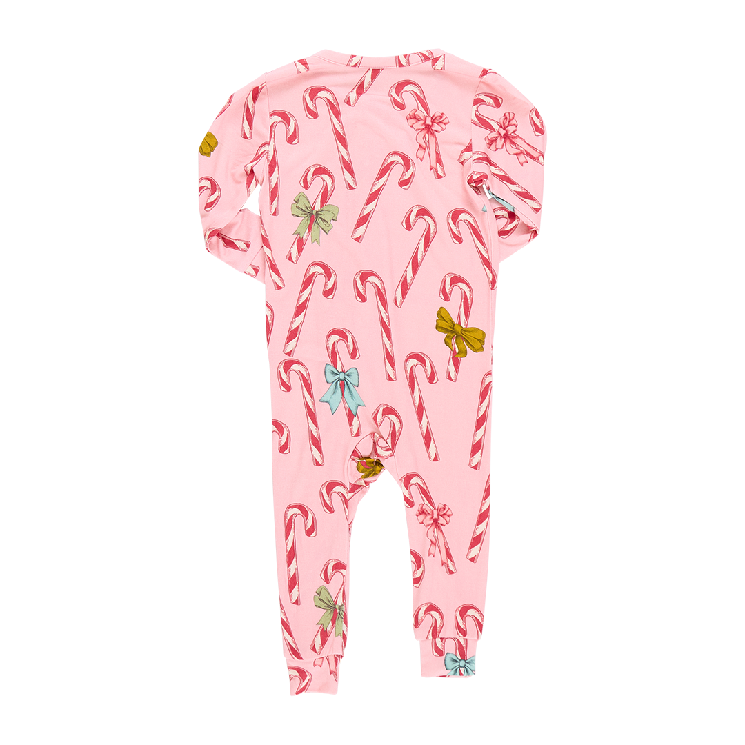 Girls Bamboo Ruffle Romper - Pink Candy Cane Lane