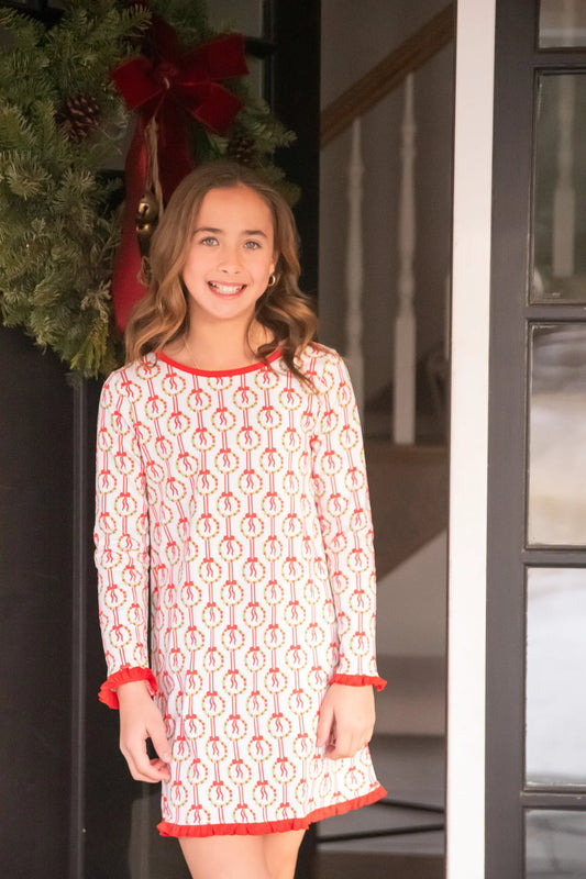 Girls Lounge Dress, Red Christmas Wreath