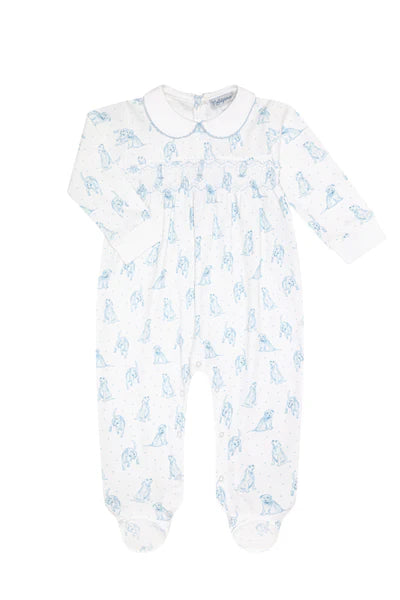 Blue Puppy Love Print Smocked Footie