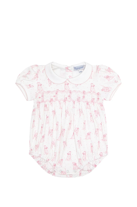 Pink Puppy Love Print Smocked Bubble