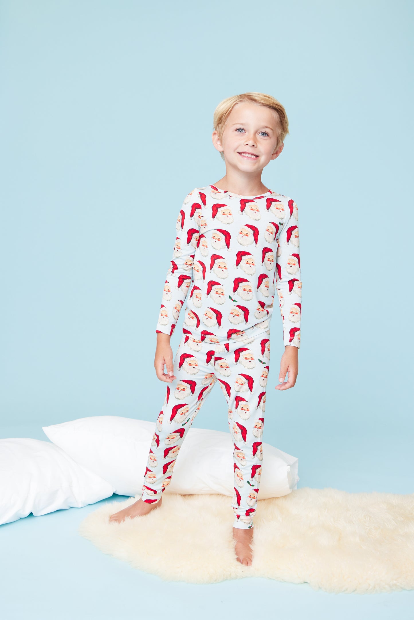 Kids Bamboo PJ Set - Blue Vintage Santas