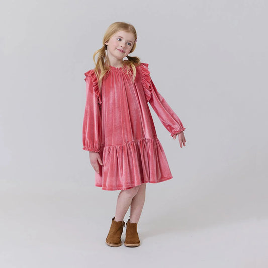 Girls Velour Harper Dress - Desert Rose