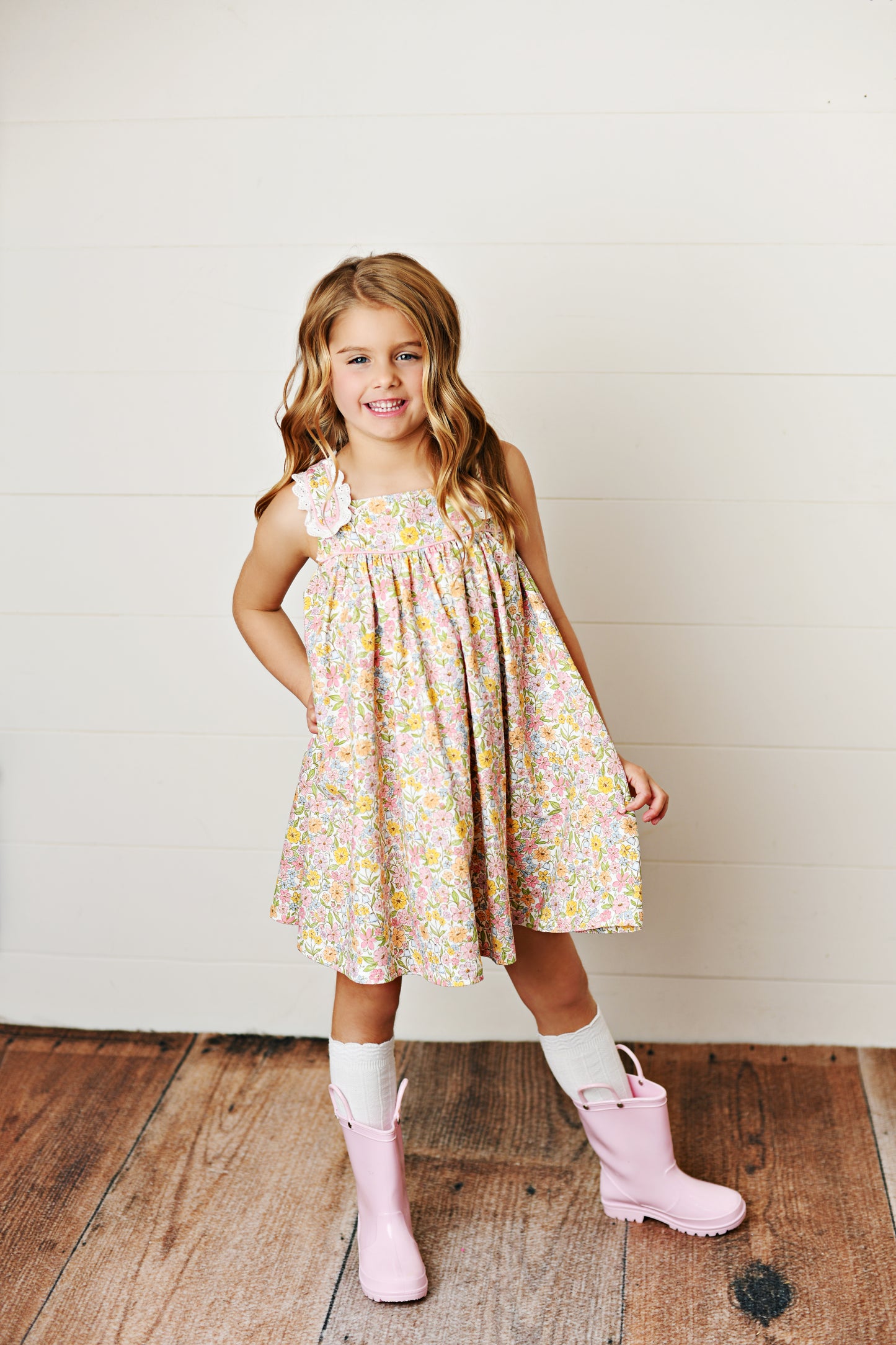 Watercolor Bloom Eyelet Trim Dress