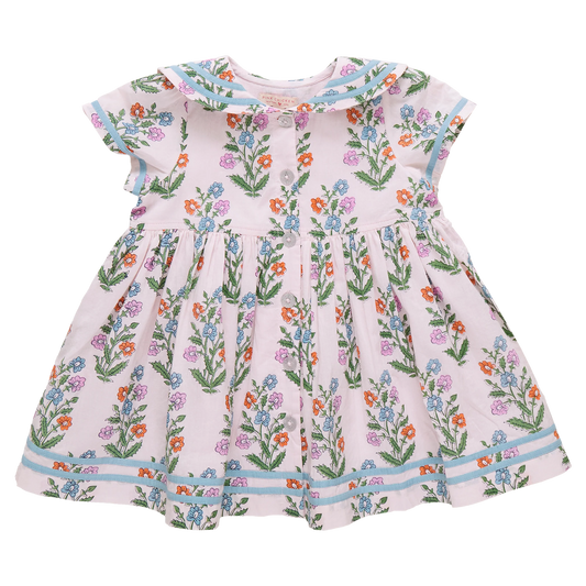 Girls Elowen Dress- Pink Dewdrop Block Print Spring