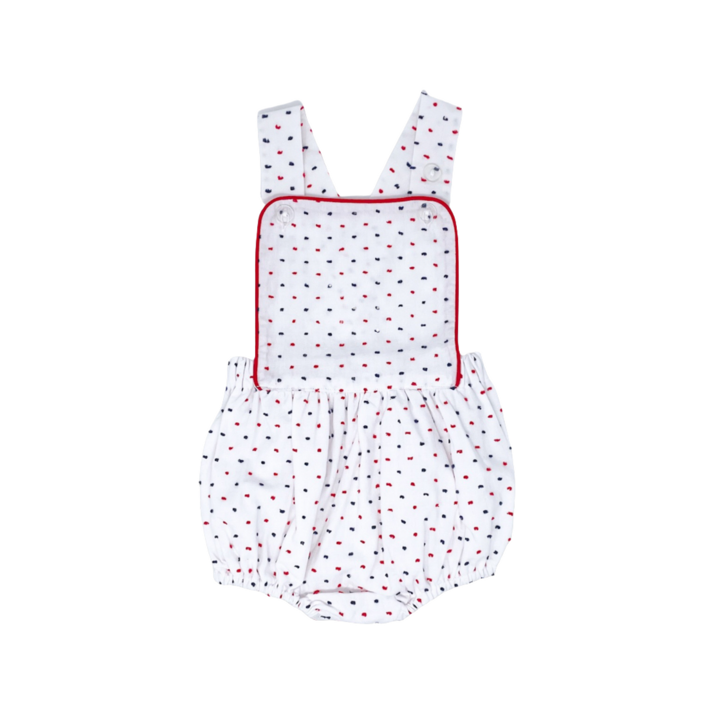 Arthur Apron - Navy & Red Swiss Dot