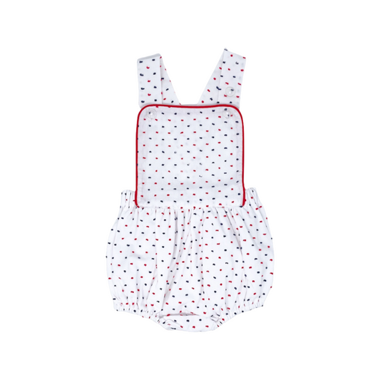 Arthur Apron - Navy & Red Swiss Dot