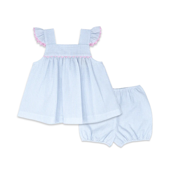 Sally Swing Set Simply Blue Seersucker, Pink Ric Rac Trim
