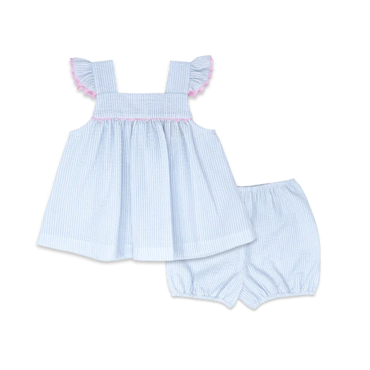 Sally Swing Set Simply Blue Seersucker, Pink Ric Rac Trim