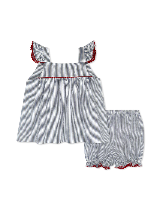 Sally Swing Set River Royal Seersucker, Red Ric Rac