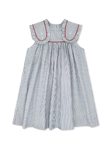 Frances Flap Dress- River Royal Seersucker with Red Ric Rac