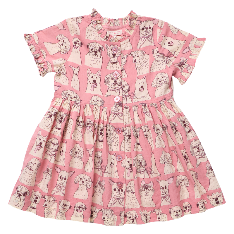 Autumn Dress- Pink Sketched Dogs