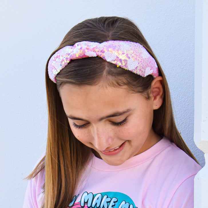Knot Headband - Pink Sequin Heart Valentine's