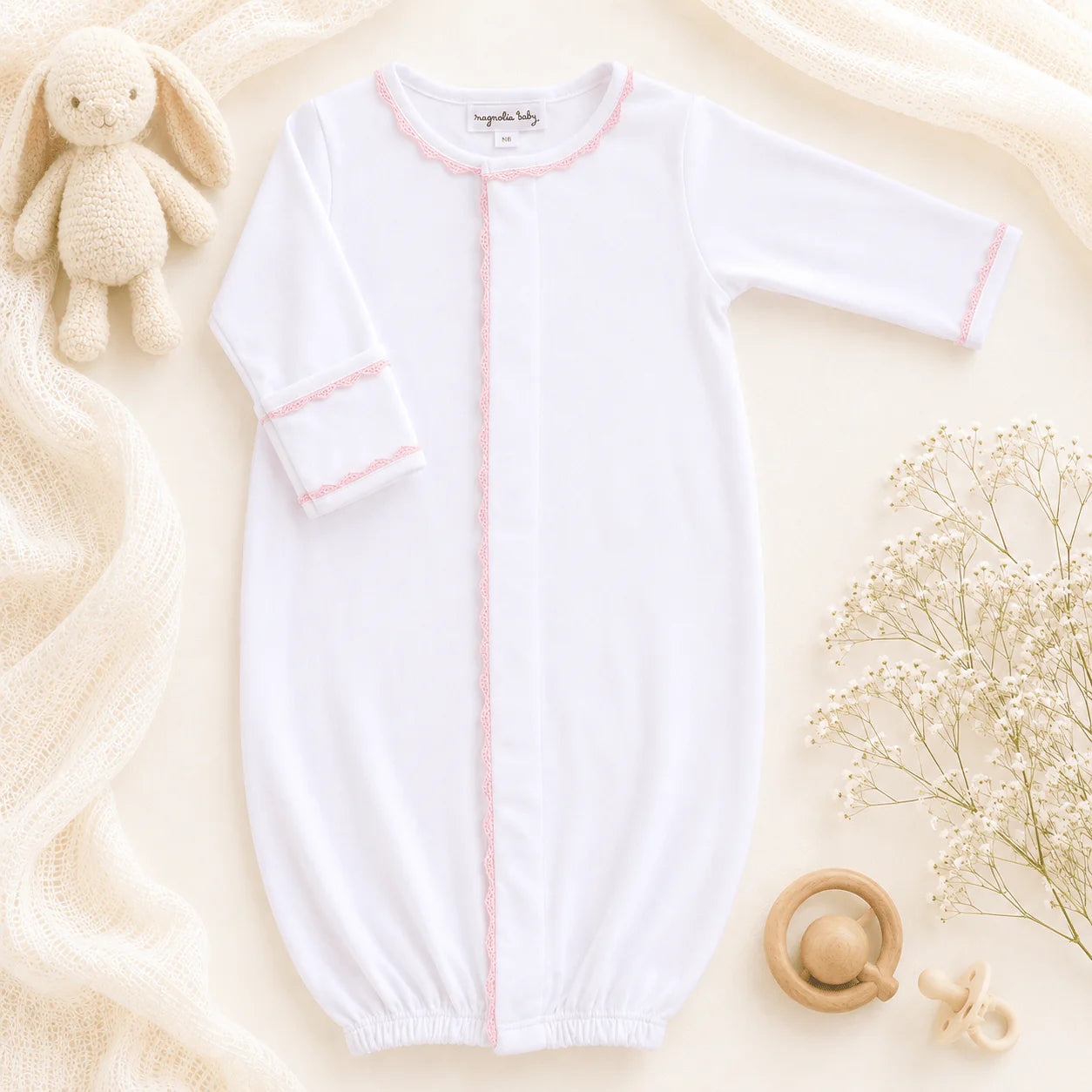 Baby Joy Converter Gown with Pink Crochet Trim