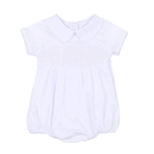 Blessed Smocked Collared S/S Boy Bubble - White