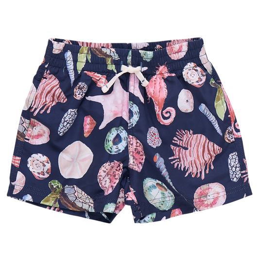 Boys Swim Trunk - Navy Watercolor Shells