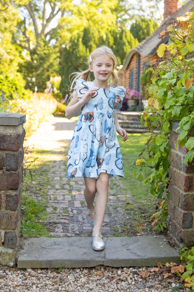 Girls Elsie Dress- Blue Vintage Butterfly