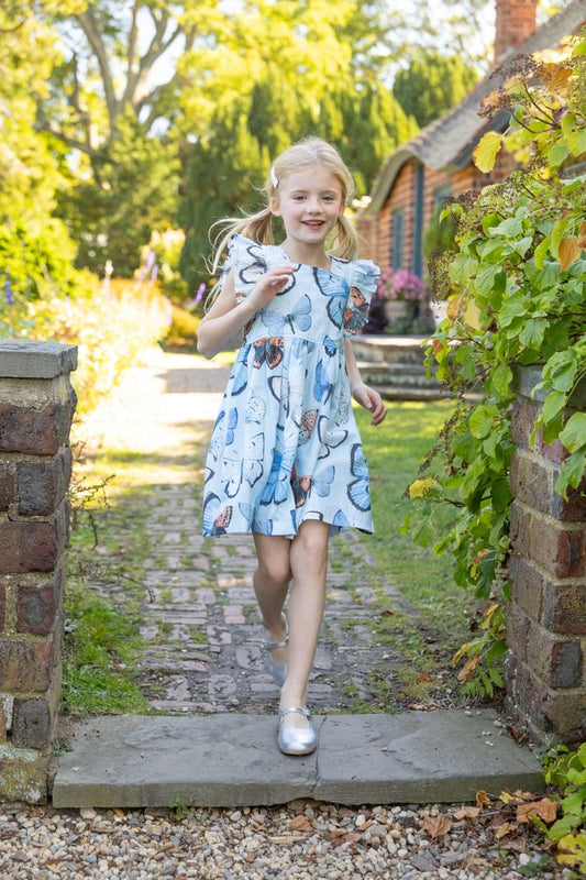 Girls Elsie Dress- Blue Vintage Butterfly