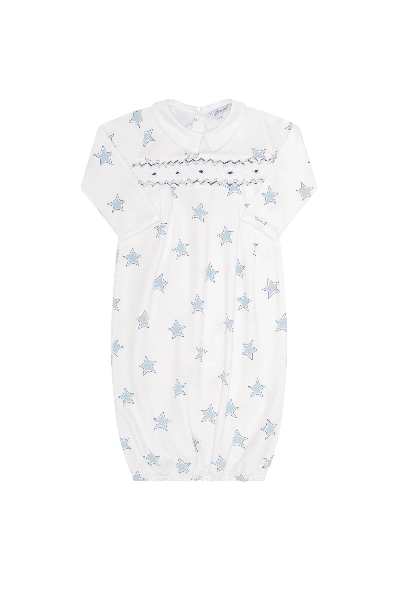 Blue Stars Print Smocked Gown: Blue / 0 - 3M