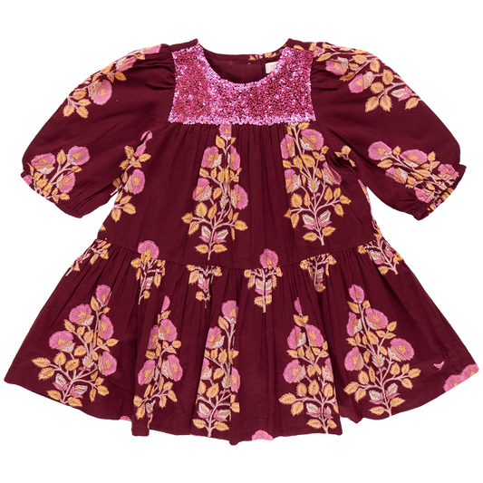 Girls Fiona Dress - Burgundy Bouquet Floral